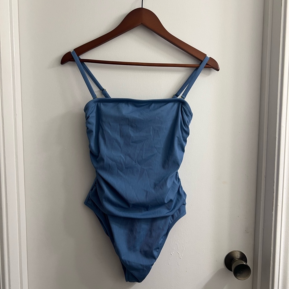 steel blue ruched swimsuit with removable straps